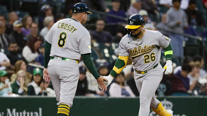 Apr 20, 2026; Seattle, Washington, USA; Athletics designated hitter Carlos Cortes (26) runs the bases after hitting a solo-home run against the Seattle Mariners during the fourth inning at T-Mobile Park. Mandatory Credit: Joe Nicholson-Imagn Images