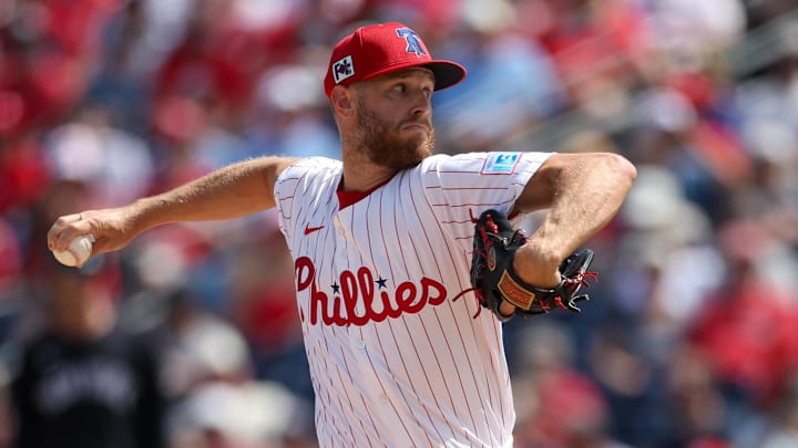 Mar 4, 2025; Clearwater, Florida, USA; Philadelphia Phillies pitcher Zack Wheeler (45) throws a pitch against the New York Yankees in the first inning during spring training at BayCare Ballpark.