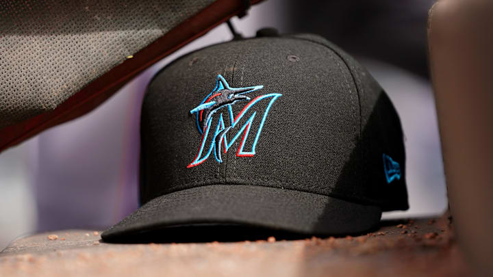 Apr 11, 2019; Cincinnati, OH, USA; A view of a New Era Miami Marlins hat in the dugout during the game against the Cincinnati Reds at Great American Ball Park. Mandatory Credit: Aaron Doster-Imagn Images
