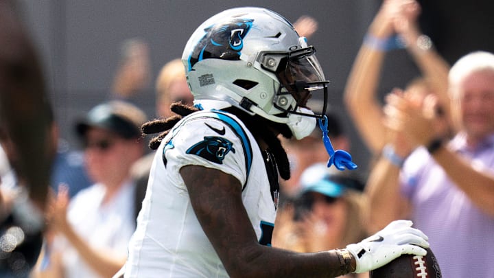 Carolina Panthers wide receiver Diontae Johnson (5) dances in the end zone after scoring a touchdown in the third quarter of the NFL game against the Cincinnati Bengals at Bank of America Stadium in Charlotte, N.C., on Sunday, Sept. 29, 2024.