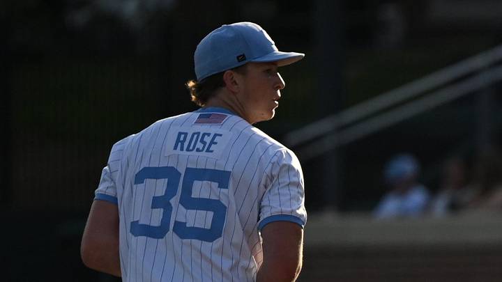 May 31, 2026; Chapel Hill, NC, USA; North Carolina Tar Heels pitcher Jackson Rose (35) pitches against the East Carolina Pirates during game 6 of the Chapel Hill Regional at Boshamer Stadium. Mandatory Credit: William Howard-Imagn Images