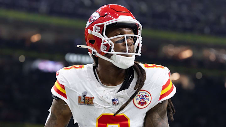 Feb 9, 2025; New Orleans, LA, USA;  Kansas City Chiefs wide receiver DeAndre Hopkins (8) against the Philadelphia Eagles in Super Bowl LIX at Ceasars Superdome. Mandatory Credit: Mark J. Rebilas-Imagn Images