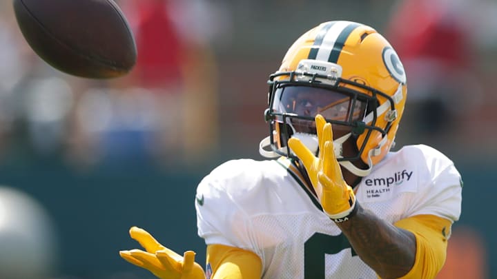 Green Bay Packers wide receiver Mecole Hardman catches a pass during training camp. Green Bay Packers wide receiver Mecole Hardman catches a pass during training camp.