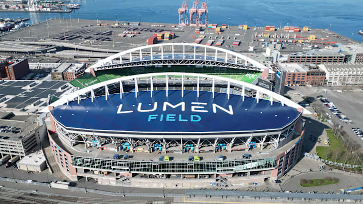 Mar 18, 2023; Seattle, Washington, USA; A general overall aerial view of Lumen Field. The stadium is the home of the Seattle Sounders FC and Seattle Seahawks. Mar 18, 2023; Seattle, Washington, USA; A general overall aerial view of Lumen Field. The stadium is the home of the Seattle Sounders FC and Seattle Seahawks.