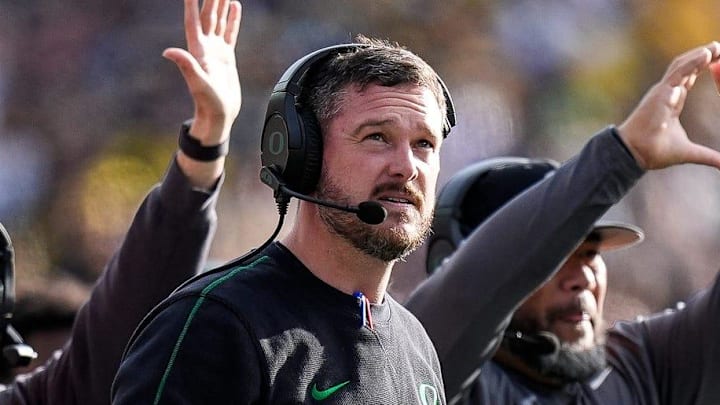Oregon head coach Dan Lanning watches a play against Michigan during the first half at Michigan Stadium in Ann Arbor on Saturday, Nov. 2, 2024.