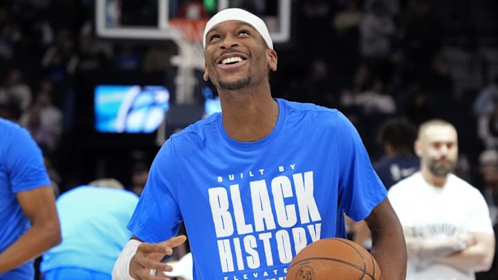 Feb 13, 2025; Minneapolis, Minnesota, USA; Oklahoma City Thunder guard Shai Gilgeous-Alexander (2) prepares to play the Minnesota Timberwolves at Target Center. Mandatory Credit: Bruce Kluckhohn-Imagn Images