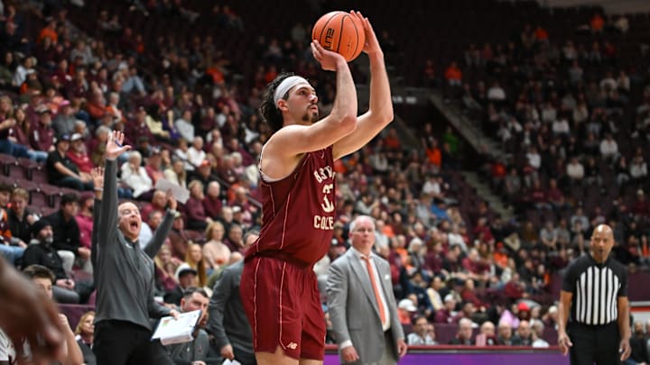 Mar 3, 2026; Blacksburg, Virginia, USA; Boston College Eagles center Boden Kapke (33) shoots a shot against the Virginia Tech Hokies during the first half at Cassell Coliseum. Mandatory Credit: Brian Bishop-Imagn Images Mar 3, 2026; Blacksburg, Virginia, USA; Boston College Eagles center Boden Kapke (33) shoots a shot against the Virginia Tech Hokies during the first half at Cassell Coliseum. Mandatory Credit: Brian Bishop-Imagn Images