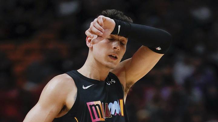 Miami Heat guard Tyler Herro (14) reacts from the court during the fourth quarter of the game against the Minnesota Timberwolves at FTX Arena on March 12, 2022.