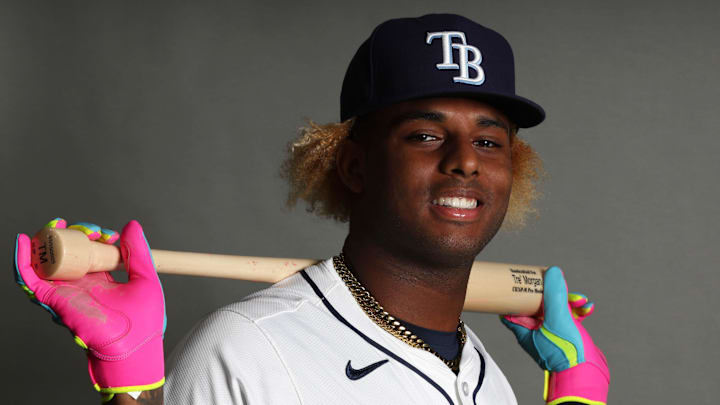 Feb 17, 2025; Port Charlotte, FL, USA; Tampa Bay Rays infielder Tre Morgan (92) poses for a photo during media day Feb 17, 2025; Port Charlotte, FL, USA; Tampa Bay Rays infielder Tre Morgan (92) poses for a photo during media day
