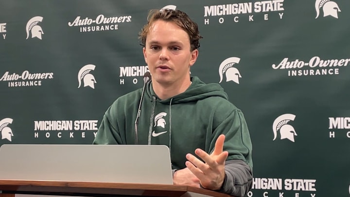 Michigan State forward Tiernan Shoudy speaks to the media after scoring an overtime goal against Penn State on Nov. 7, 2025. Michigan State forward Tiernan Shoudy speaks to the media after scoring an overtime goal against Penn State on Nov. 7, 2025.