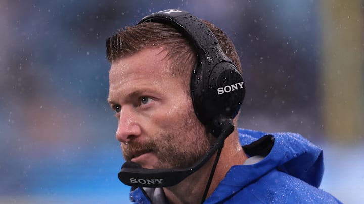 Nov 30, 2025; Charlotte, North Carolina, USA; Los Angeles Rams head coach Sean McVay looks on during the third quarter against the Carolina Panthers at Bank of America Stadium. Mandatory Credit: Scott Kinser-Imagn Images