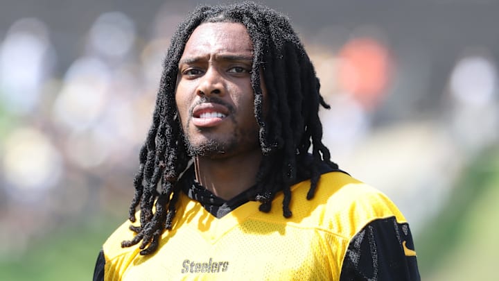 Pittsburgh Steelers cornerback Jalen Ramsey participates in drills during training camp at Saint Vincent College.