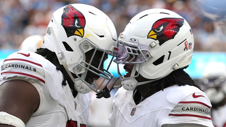 Sep 13, 2026; Inglewood, California, USA; Arizona Cardinals defensive line L.J. Collier (91) reacts with cornerback Max Melton (16) after making a tackle against the Los Angeles Chargers during the fourth quarter at SoFi Stadium. Mandatory Credit: Kiyoshi Mio-Imagn Images Sep 13, 2026; Inglewood, California, USA; Arizona Cardinals defensive line L.J. Collier (91) reacts with cornerback Max Melton (16) after making a tackle against the Los Angeles Chargers during the fourth quarter at SoFi Stadium. Mandatory Credit: Kiyoshi Mio-Imagn Images