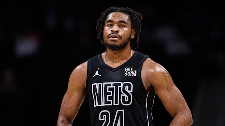 Mar 8, 2025; Charlotte, North Carolina, USA; Brooklyn Nets guard Cam Thomas (24) looks on during a break against the Charlotte Hornets during the second quarter at Spectrum Center. Mandatory Credit: Scott Kinser-Imagn Images Mar 8, 2025; Charlotte, North Carolina, USA; Brooklyn Nets guard Cam Thomas (24) looks on during a break against the Charlotte Hornets during the second quarter at Spectrum Center. Mandatory Credit: Scott Kinser-Imagn Images