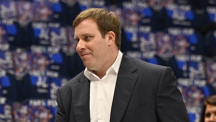 Apr 26, 2024; Dallas, Texas, USA; LA Clippers owner Steven Ballmer (left) shakes hands with Dallas Mavericks governor Patrick Dumont before the game between the Dallas Mavericks and the LA Clippers during game three of the first round for the 2024 NBA playoffs at the American Airlines Center. Mandatory Credit: Jerome Miron-Imagn Images