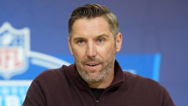 Feb 24, 2026; Indianapolis, IN, USA; Washington Commanders general manager Adam Peters speaks at the NFL Scouting Combine at the Indiana Convention Center. Mandatory Credit: Kirby Lee-Imagn Images
