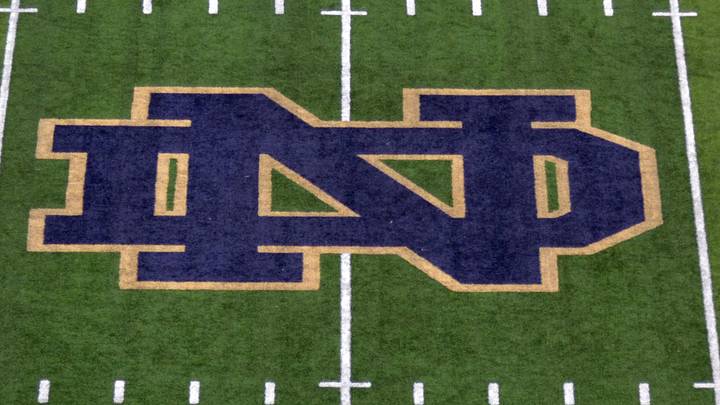 Oct 17, 2015; South Bend, IN, USA; General view of the Notre Dame Fighting Irish logo at midfield before a NCAA football game against the Southern California Trojans tat Notre Dame Stadium. Oct 17, 2015; South Bend, IN, USA; General view of the Notre Dame Fighting Irish logo at midfield before a NCAA football game against the Southern California Trojans tat Notre Dame Stadium.