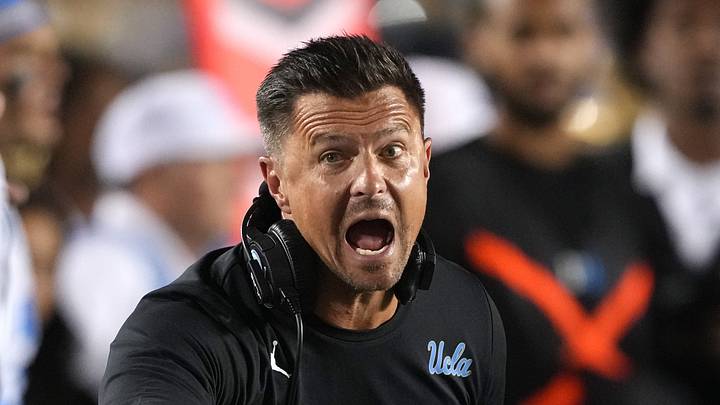 Sep 5, 2026; Berkeley, California, USA; UCLA Bruins head coach Bob Chesney (center) yells at field judge Timothy Maguire (left) during the first quarter against the California Golden Bears at California Memorial Stadium. Mandatory Credit: Darren Yamashita-Imagn Images Sep 5, 2026; Berkeley, California, USA; UCLA Bruins head coach Bob Chesney (center) yells at field judge Timothy Maguire (left) during the first quarter against the California Golden Bears at California Memorial Stadium. Mandatory Credit: Darren Yamashita-Imagn Images