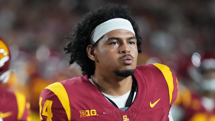 Sep 4, 2026; Los Angeles, California, USA; Southern California Trojans quarterback Jayden Maiava (14) leaves the field after the first half against the Fresno State Bulldogs at United Airlines Field at Los Angeles Memorial Coliseum. Sep 4, 2026; Los Angeles, California, USA; Southern California Trojans quarterback Jayden Maiava (14) leaves the field after the first half against the Fresno State Bulldogs at United Airlines Field at Los Angeles Memorial Coliseum.