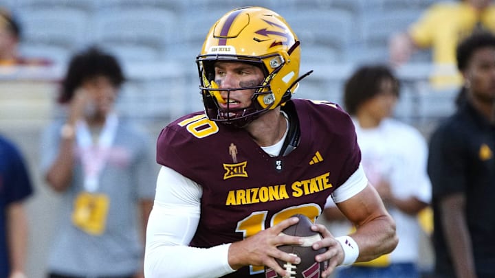 Arizona State quarterback Sam Leavitt warms up prior to a game against NAU at Mountain America Stadium in Tempe, Arizona, on Aug. 30, 2025. Arizona State quarterback Sam Leavitt warms up prior to a game against NAU at Mountain America Stadium in Tempe, Arizona, on Aug. 30, 2025.