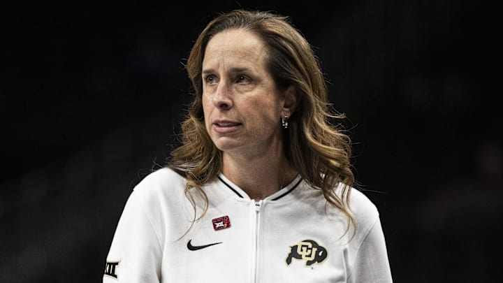 Mar 7, 2025; Kansas City, MO, USA; Colorado Buffaloes head coach JR Payne looks on during the first quarter against the TCU Horned Frogs at T-Mobile Center. Mandatory Credit: Amy Kontras-Imagn Images Mar 7, 2025; Kansas City, MO, USA; Colorado Buffaloes head coach JR Payne looks on during the first quarter against the TCU Horned Frogs at T-Mobile Center. Mandatory Credit: Amy Kontras-Imagn Images