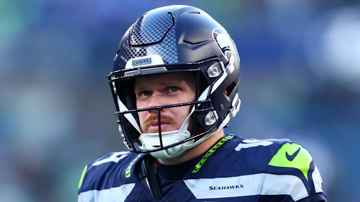 Jan 25, 2026; Seattle, WA, USA; Seattle Seahawks quarterback Sam Darnold (14) looks on before the 2026 NFC Championship Game against the Los Angeles Rams at Lumen Field. Mandatory Credit: Kevin Ng-Imagn Images