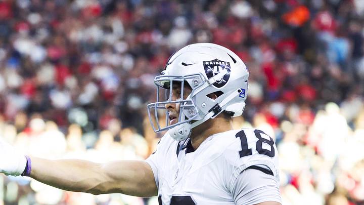 Dec 21, 2025; Houston, Texas, USA; Las Vegas Raiders wide receiver Jack Bech (18) reacts after catching a pass against the Houston Texans during the first quarter at NRG Stadium. Mandatory Credit: Troy Taormina-Imagn Images