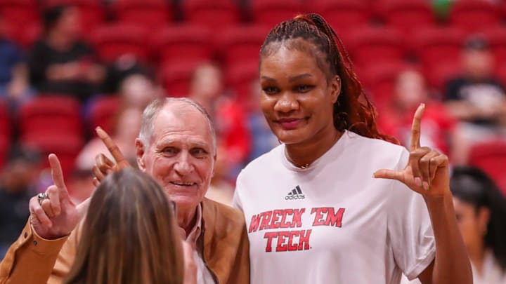 Texas Tech's Stephanie Okechukwu takes a photo with a fan prior to a Big 12 Conference women's basketball game, Tuesday, Jan. 13, 2026, in United Supermarkets Arena. Texas Tech's Stephanie Okechukwu takes a photo with a fan prior to a Big 12 Conference women's basketball game, Tuesday, Jan. 13, 2026, in United Supermarkets Arena.