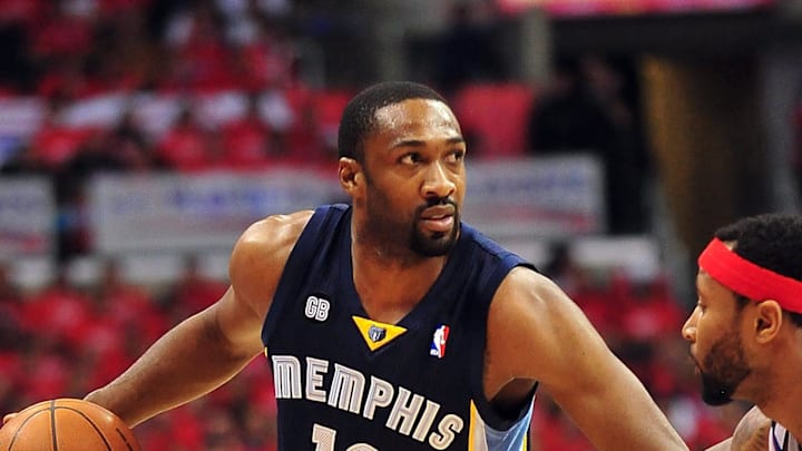 May 7, 2012; Los Angeles, CA, USA; Memphis Grizzlies point guard Gilbert Arenas (10) controls the ball against the defense of Los Angeles Clippers point guard Mo Williams (25) during the first half of game four of the Western Conference quarterfinals of the 2012 NBA Playoffs at Staples Center. Mandatory Credit: Gary A. Vasquez-Imagn Images