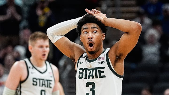 Michigan State guard Jaden Akins (3) reacts to a personal foul against Wisconsin during the second half of Big Ten Tournament semifinal at Gainbridge Fieldhouse in Indianapolis, Ind. on Saturday, March 15, 2025. Michigan State guard Jaden Akins (3) reacts to a personal foul against Wisconsin during the second half of Big Ten Tournament semifinal at Gainbridge Fieldhouse in Indianapolis, Ind. on Saturday, March 15, 2025.