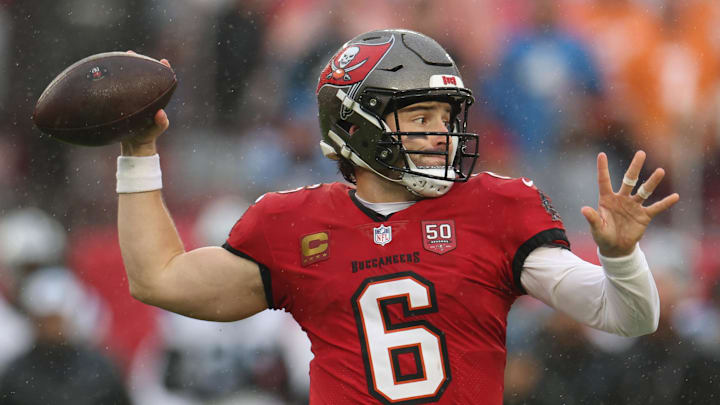Tampa Bay Buccaneers quarterback Baker Mayfield (6) throws a pass against the Carolina Panthers 