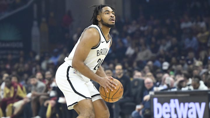Mar 11, 2025; Cleveland, Ohio, USA; Brooklyn Nets guard Cam Thomas (24) looks to the basket in the first quarter against the Cleveland Cavaliers at Rocket Arena. Mandatory Credit: David Richard-Imagn Images