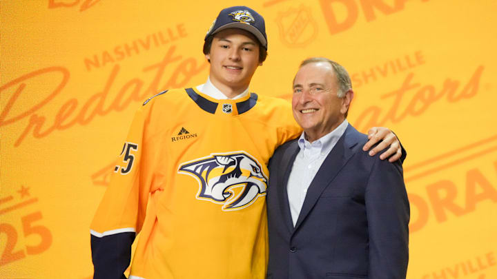 Jun 27, 2025; Los Angeles, California, USA; Ryker Lee is selected as the 26th overall pick to the Nashville Predators in the first round of the 2025 NHL Draft at Peacock Theater. Mandatory Credit: Kirby Lee-Imagn Images