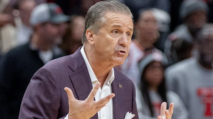 Arkansas Razorbacks coach John Calipari on the sidelines against the Texas Tech Red Raiders at American Airlines Center in Dallas, Texas.
