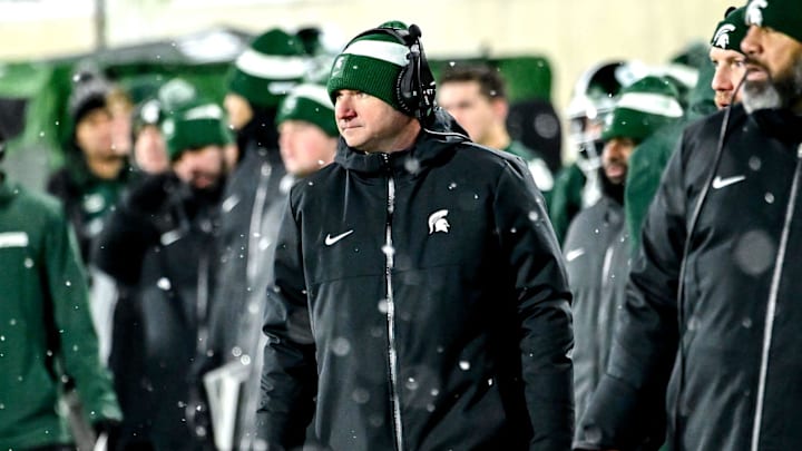 Michigan State's head coach Jonathan Smith looks on from the sideline during the third quarter in the game against Rutgers on Saturday, Nov. 30, 2024, at Spartan Stadium in East Lansing. Michigan State's head coach Jonathan Smith looks on from the sideline during the third quarter in the game against Rutgers on Saturday, Nov. 30, 2024, at Spartan Stadium in East Lansing.