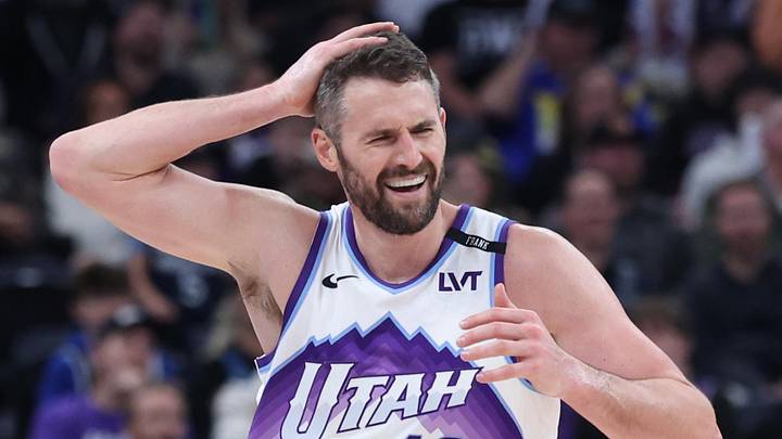 Nov 10, 2025; Salt Lake City, Utah, USA; Utah Jazz forward Kevin Love (42) reacts to a three-point shot against the Minnesota Timberwolves during the second half at Delta Center. Mandatory Credit: Rob Gray-Imagn Images