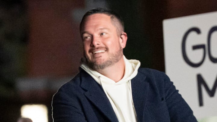 Oregon head coach Dan Lanning sits for an interview during ESPN’s “College GameDay” on the campus of the University of Oregon on Oct. 11, 2025, in Eugene, Oregon.