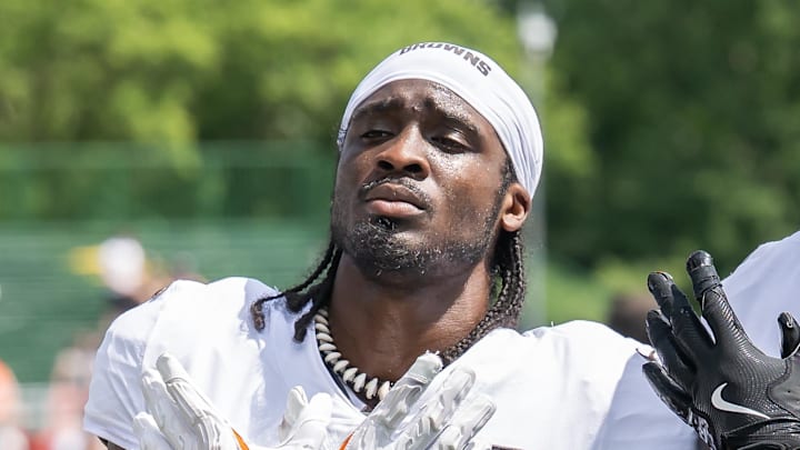 Jul 28, 2025; Berea, OH, USA; Cleveland Browns cornerback Tony Brown II (11) and cornerback Martin Emerson Jr., right, during training camp at CrossCountry Mortgage Campus. Mandatory Credit: Ken Blaze-Imagn Images