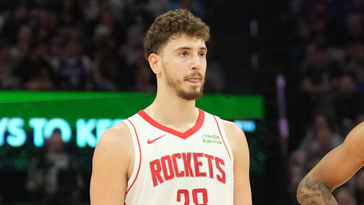Mar 10, 2024; Sacramento, California, USA; Houston Rockets center Alperen Sengun (28) and forward Jabari Smith Jr. (10) stand on the court during the third quarter against the Sacramento Kings at Golden 1 Center. Mandatory Credit: Darren Yamashita-Imagn Images Mar 10, 2024; Sacramento, California, USA; Houston Rockets center Alperen Sengun (28) and forward Jabari Smith Jr. (10) stand on the court during the third quarter against the Sacramento Kings at Golden 1 Center. Mandatory Credit: Darren Yamashita-Imagn Images