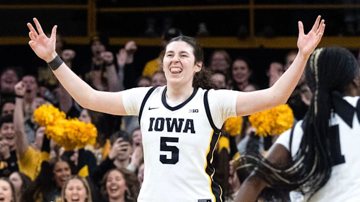 Iowa center Ava Heiden (5) and Iowa guard Chit-Chat Wright (11) react during a game against the Michigan Wolverines Feb. 22, 2026 at Carver-Hawkeye Arena in Iowa City, Iowa. Iowa center Ava Heiden (5) and Iowa guard Chit-Chat Wright (11) react during a game against the Michigan Wolverines Feb. 22, 2026 at Carver-Hawkeye Arena in Iowa City, Iowa.