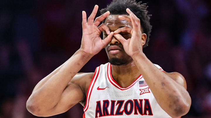 Feb 14, 2026; Tucson, Arizona, USA; Arizona Wildcats forward Tobe Awaka (30) celebrates a three-point basket during the first half of the game against the Texas Tech Red Raiders at McKale Memorial Center. Mandatory Credit: Aryanna Frank-Imagn Images