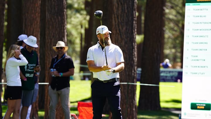 Ryan Fitzpatricks plays a practice round before the 2025 American Century Championship.
