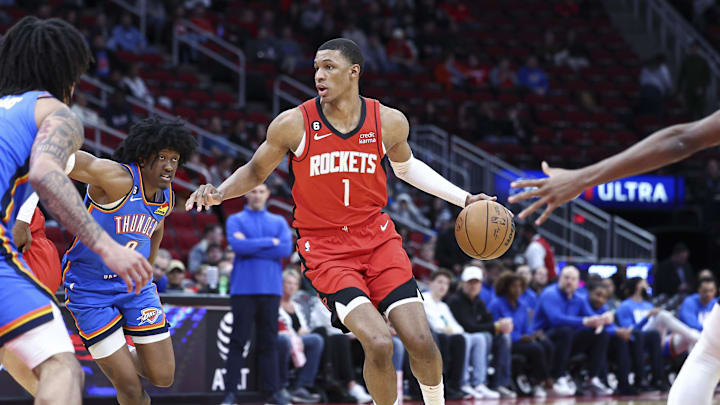 Feb 1, 2023; Houston, Texas, USA; Houston Rockets forward Jabari Smith Jr. (1) controls the ball during the first quarter against the Oklahoma City Thunder at Toyota Center. Mandatory Credit: Troy Taormina-USA TODAY Sports