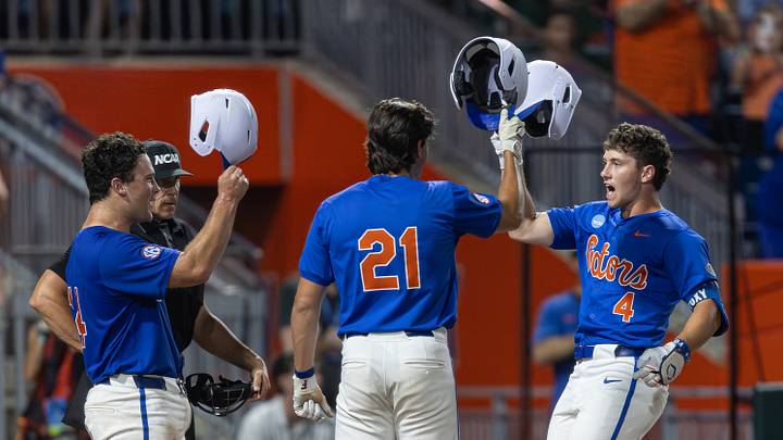 Cade Kurland (4) hit two of Florida's seven home runs on Saturday. Cade Kurland (4) hit two of Florida's seven home runs on Saturday.