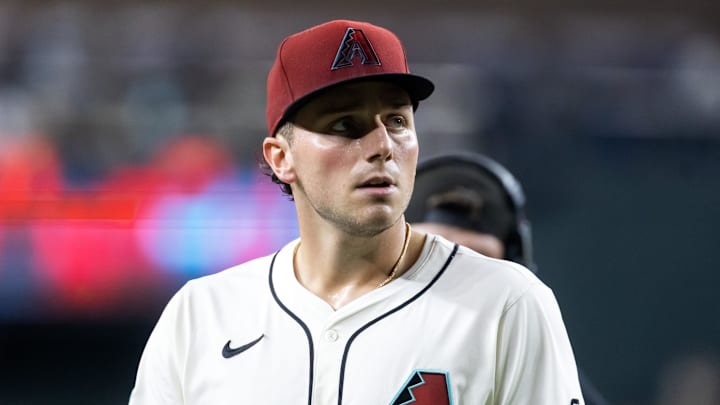 Sep 23, 2025; Phoenix, Arizona, USA; Arizona Diamondbacks pitcher Brandon Pfaadt in the fifth inning against the Los Angeles Dodgers at Chase Field. Mandatory Credit: Mark J. Rebilas-Imagn Images
