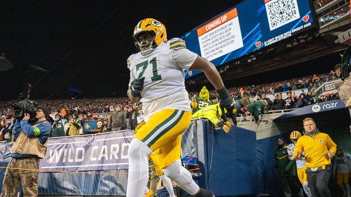 Green Bay Packers offensive tackle Anthony Belton (71) runs on to the field before their wild card playoff game Saturday, January 10, 2026 at Soldier Field in Chicago, Illinois. The Chicago Bears beat the Green Bay Packers 31-27. Green Bay Packers offensive tackle Anthony Belton (71) runs on to the field before their wild card playoff game Saturday, January 10, 2026 at Soldier Field in Chicago, Illinois. The Chicago Bears beat the Green Bay Packers 31-27.