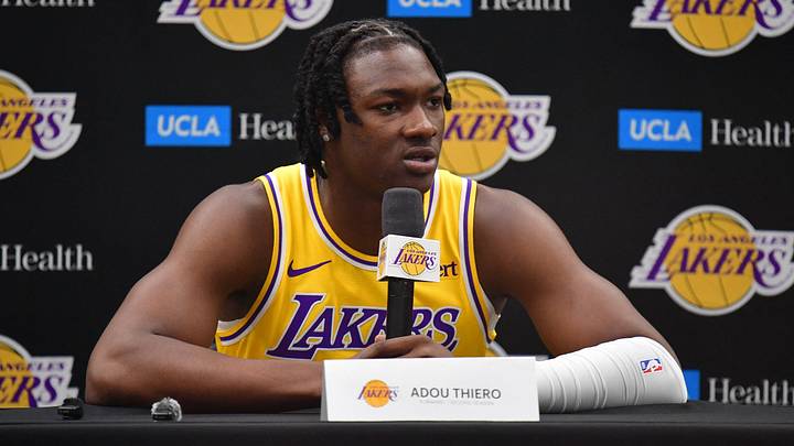 Sep 28, 2026; El Segundo, CA, USA; Los Angeles Lakers player Adou Thiero (1) during media day at UCLA Health Training Center.  Mandatory Credit: Gary A. Vasquez-Imagn Images
