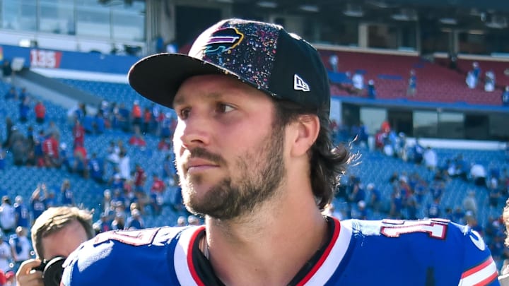 Sep 28, 2025; Orchard Park, New York, USA; Buffalo Bills quarterback Josh Allen (17) leaves the field after a game against the New Orleans Saints at Highmark Stadium. Mandatory Credit: Mark Konezny-Imagn Images
