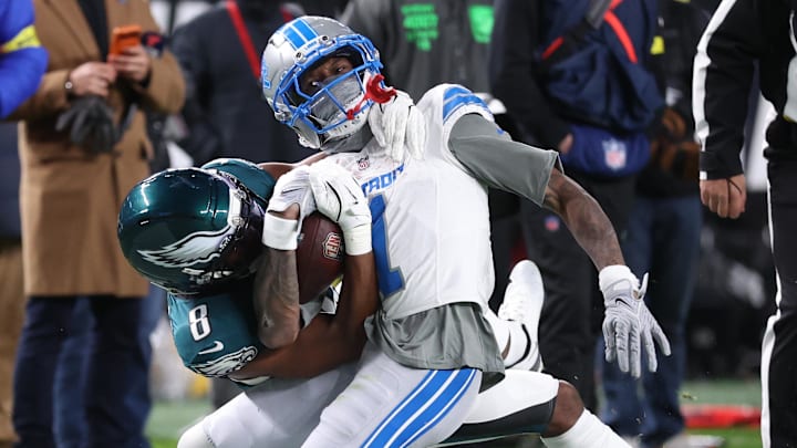 Detroit Lions wide receiver Jameson Williams (1) makes a catch against Philadelphia Eagles cornerback Adoree' Jackson (8) 