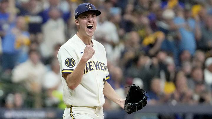Milwaukee Brewers pitcher Jacob Misiorowski (32) reacts to the final out of the fourth inning of their National League Championship Series game against the Los Angeles Dodgers at American Family Field on Oct 11, 2026.